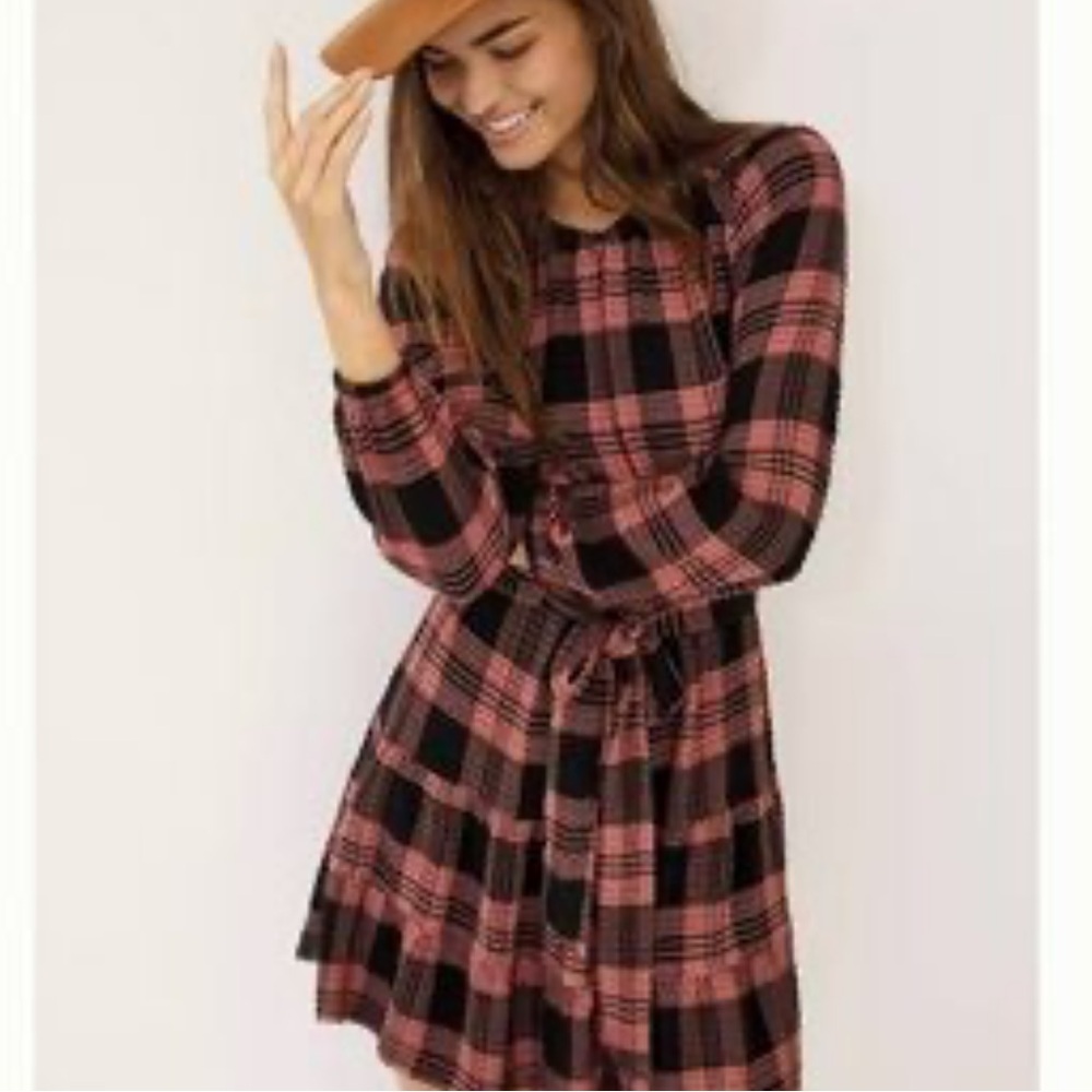 Anthropologie Cloth & Stone Dacia Plaid flannel long sleeve Mini Dress size med